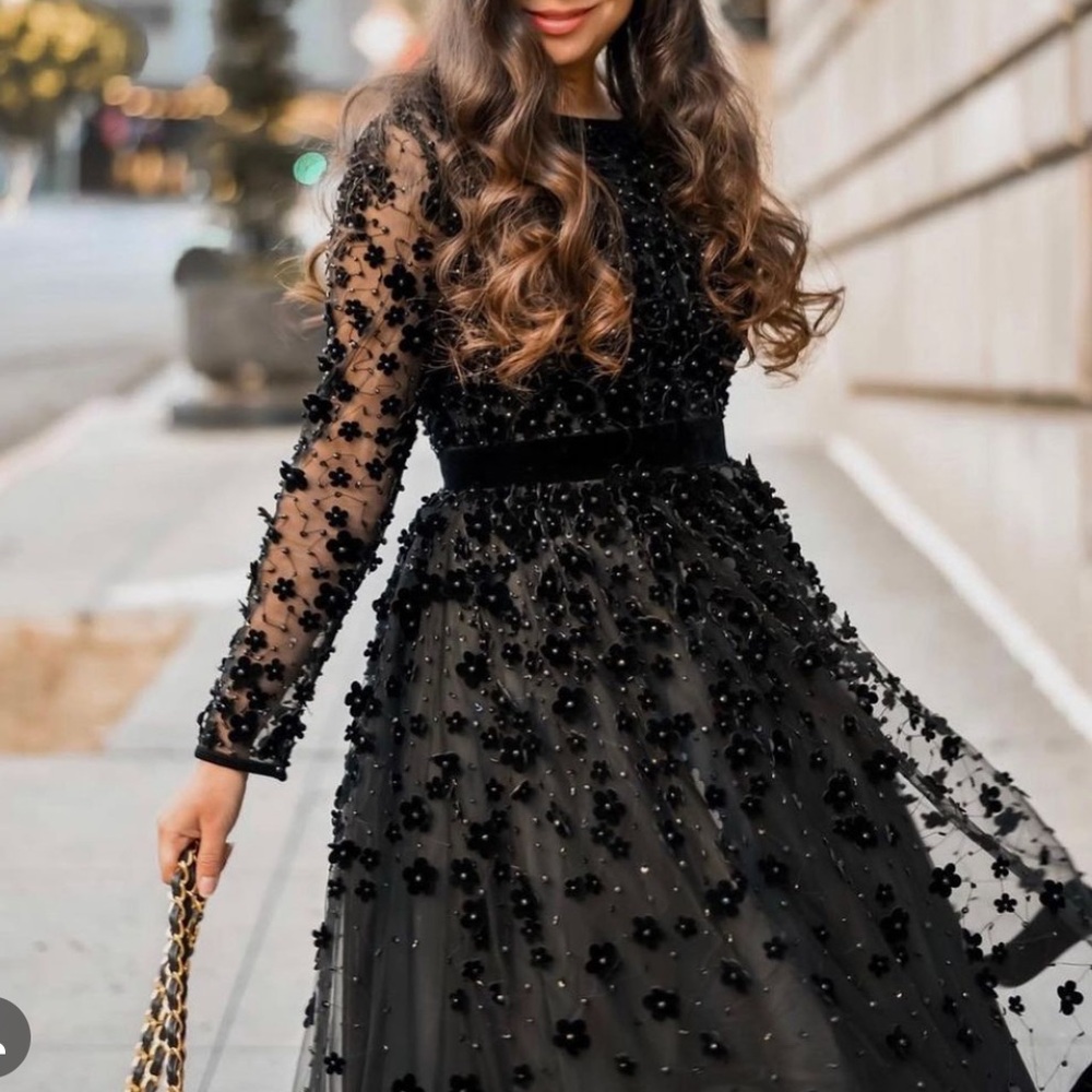 Mac Duggal Floral Embossed Illusion Neck Tea Length Dress 67007 - Picture 1 of 12
